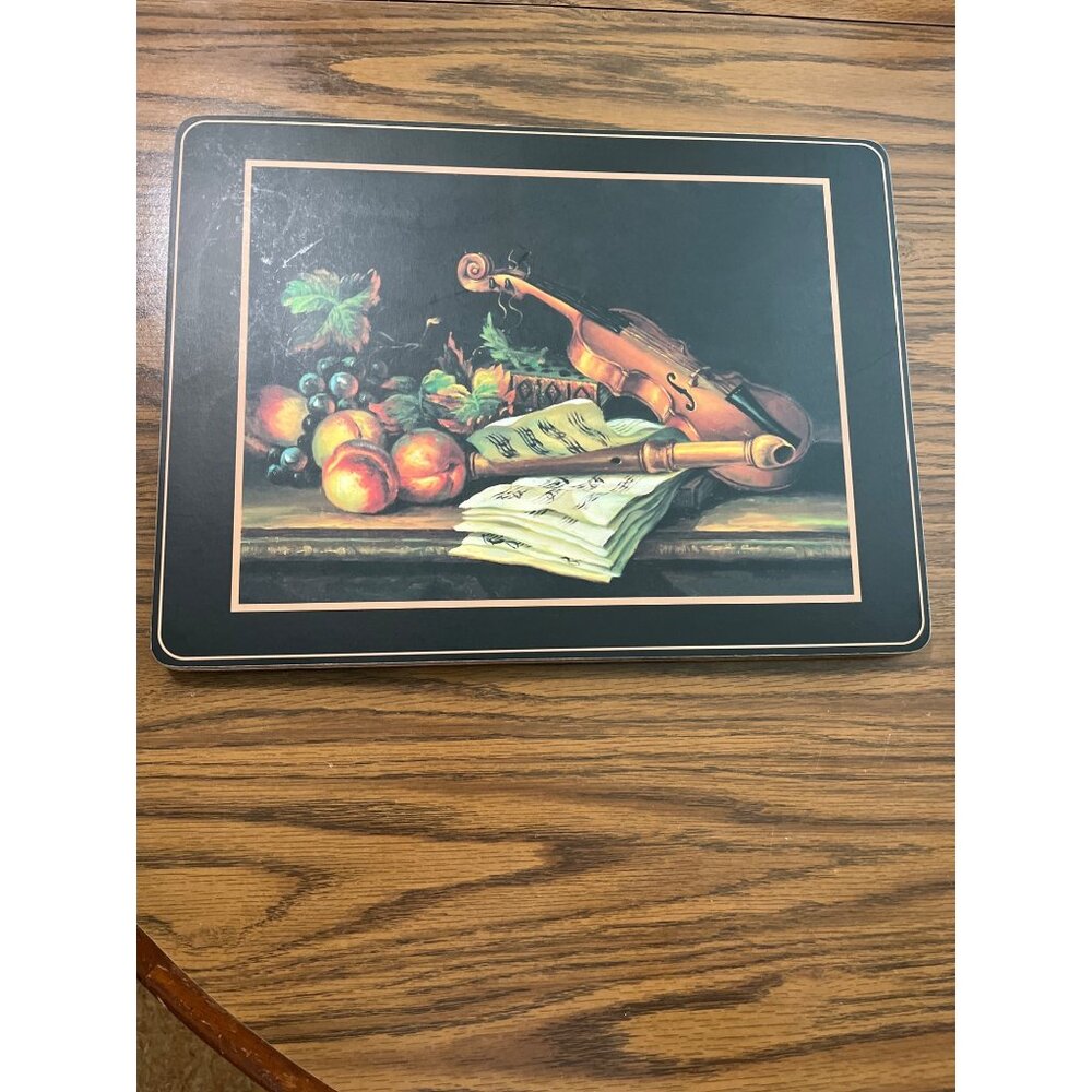 11”x15” black pressed wood placemats with violin music fruit